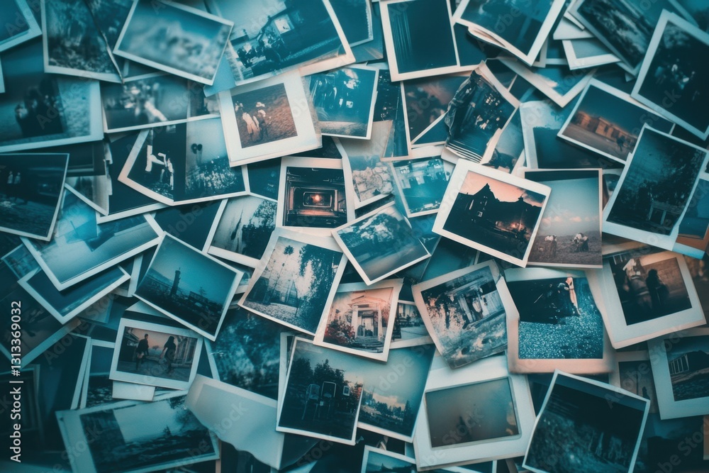 Naklejka premium Film negatives spread out on a table vintage photography indoor studio topdown view creative process capturing memories and artistry