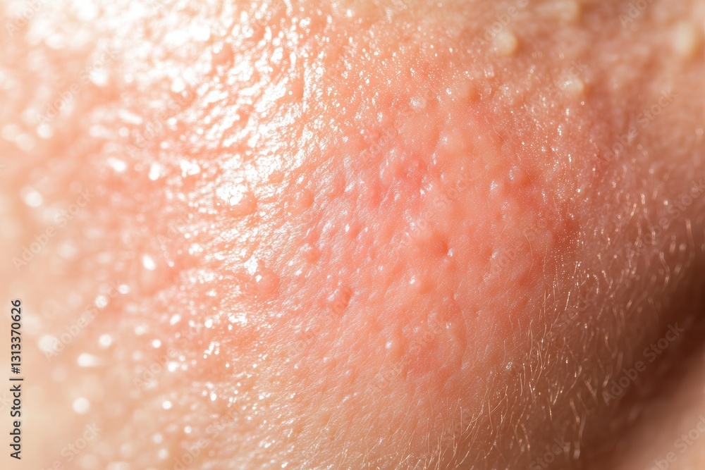 Fototapeta premium Close-up of human skin with visible texture and pores, showing slight redness and natural oiliness.