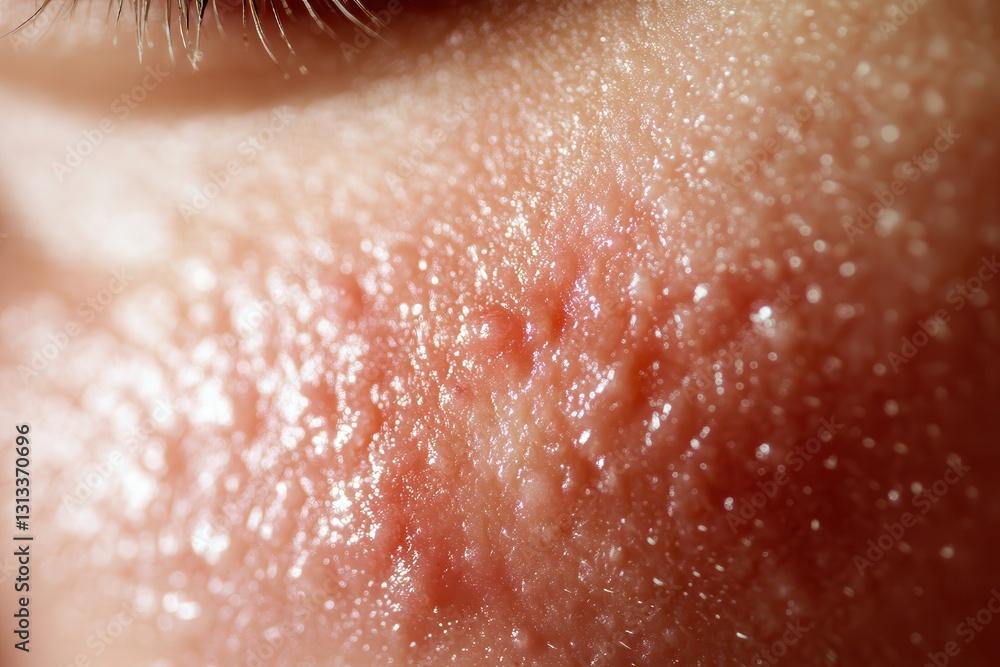 Fototapeta premium Close-up of human skin texture with visible pores and acne on a face.