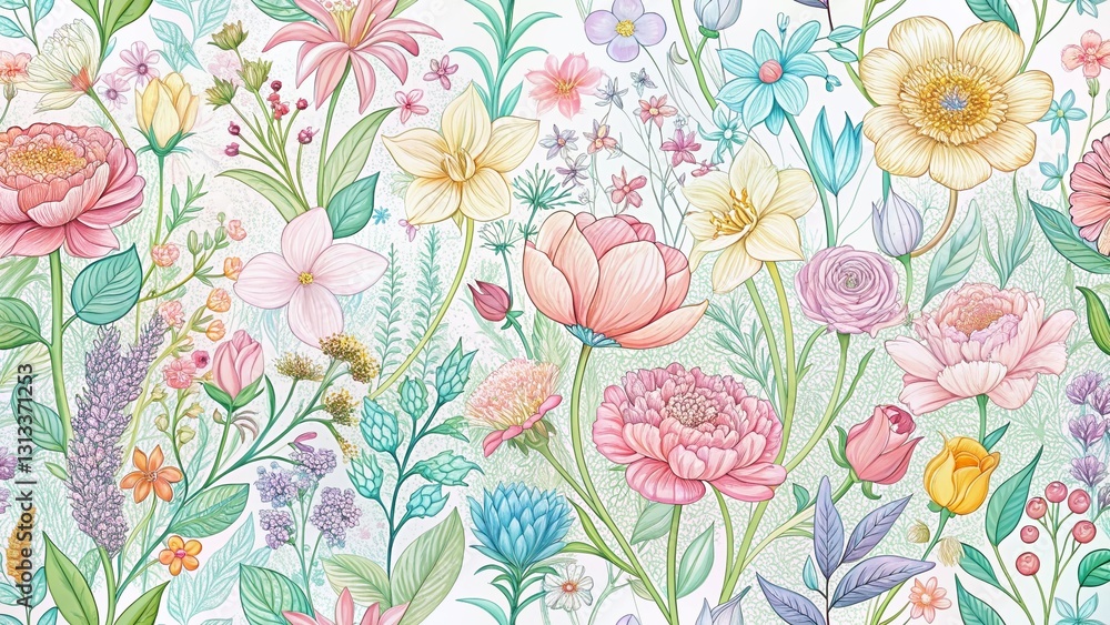 Obraz premium Soft Spring Garden Line Art Pattern: Delicate Floral Design Background