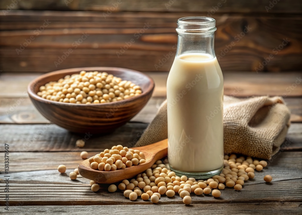 Soy Milk Bottle with Soybeans on Rustic Wooden Background - Healthy Drink Concept Soy Milk Bottle with Soybeans on Rustic Wooden Background - Healthy Drink Concept
