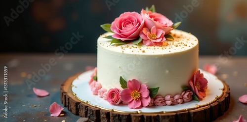Elegant birthday cake with flowers and gold accents, celebration, dessert, decoration