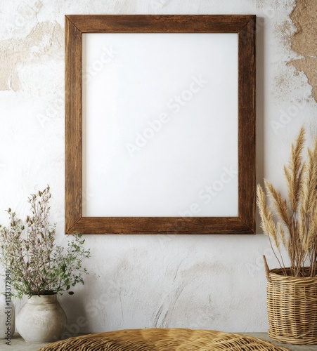 Empty framed poster on rustic wall decor