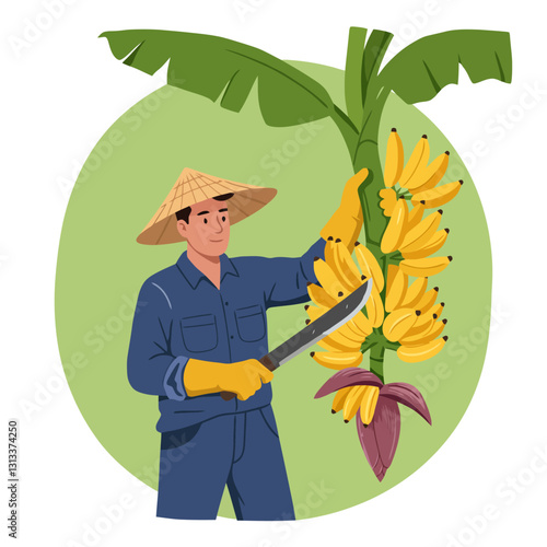 Harvesting Ripe Bananas Cartoon Illustration Man Cutting Fruit with Machete