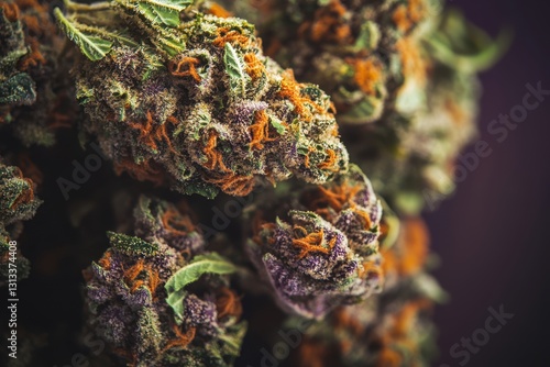 Close-up of vibrant, colorful cannabis buds with orange hairs and green leaves. photo