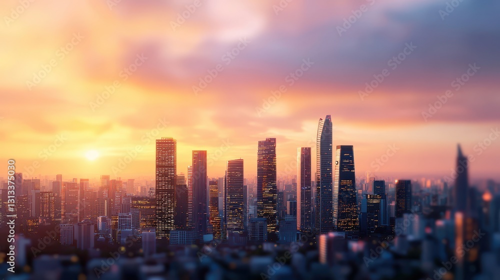 Fototapeta premium A stunning skyline at sunset, featuring modern skyscrapers and vibrant colors in the sky, creating a picturesque urban landscape.