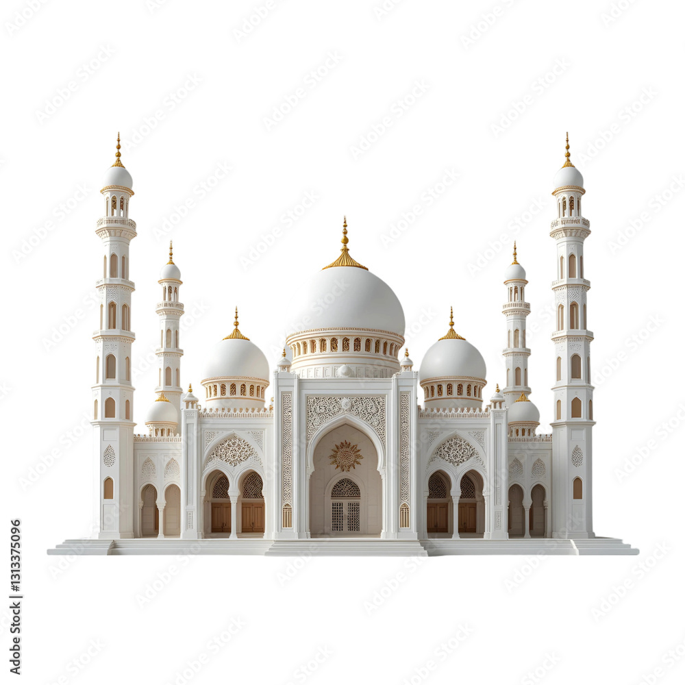 Obraz premium 3D illustration of a magnificent white mosque building with gold ornaments. Isolated on transparent background. 