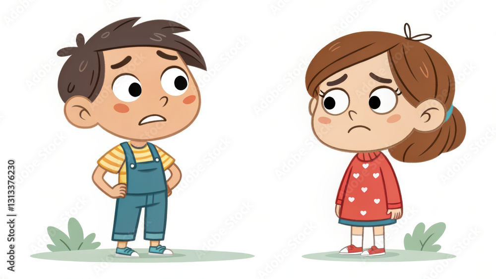 Two cartoon children expressing concern and sadness, standing apart in simple outdoor setting. boy wears striped shirt and overalls, while girl is in red sweater with hearts Two cartoon children expressing concern and sadness, standing apart in simple outdoor setting. boy wears striped shirt and overalls, while girl is in red sweater with hearts