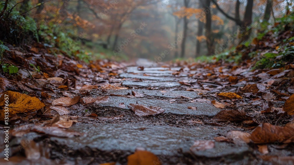 Fototapeta premium A misty forest path lined with colorful autumn leaves and stone steps, evoking a serene, tranquil atmosphere.