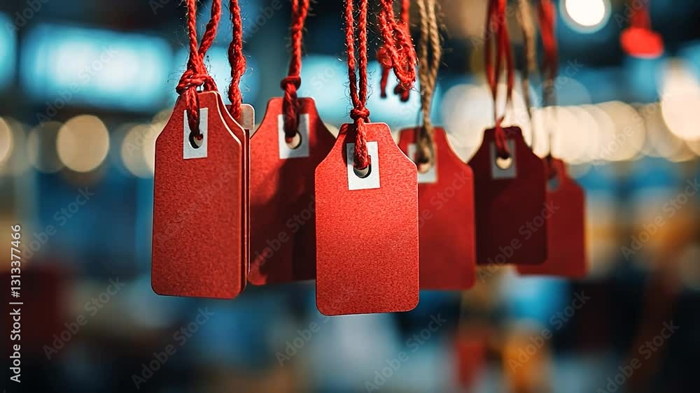 Red price tags hanging from strings