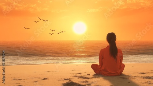 Wallpaper Mural Contemplative silhouette observes sunrise horizon golden tranquility at seaside beach retreat inspiration peaceful mindfulness Torontodigital.ca