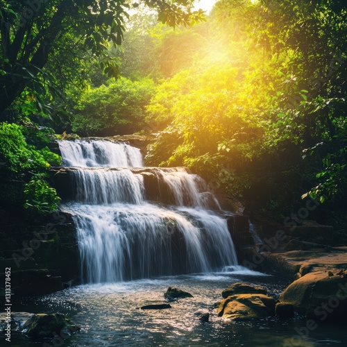 Majestic waterfall cascading through lush forest nature photography serenity vibrant greenery wide angle