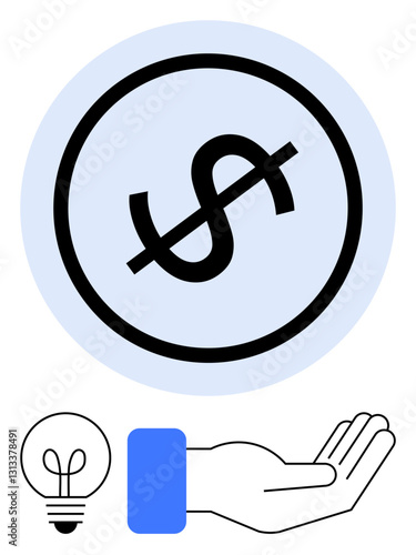 Dollar sign with slash inside circle for financial limitations, light bulb for idea, hand for support. Ideal for finance, savings, charity, innovation, assistance, investment minimal flat simple