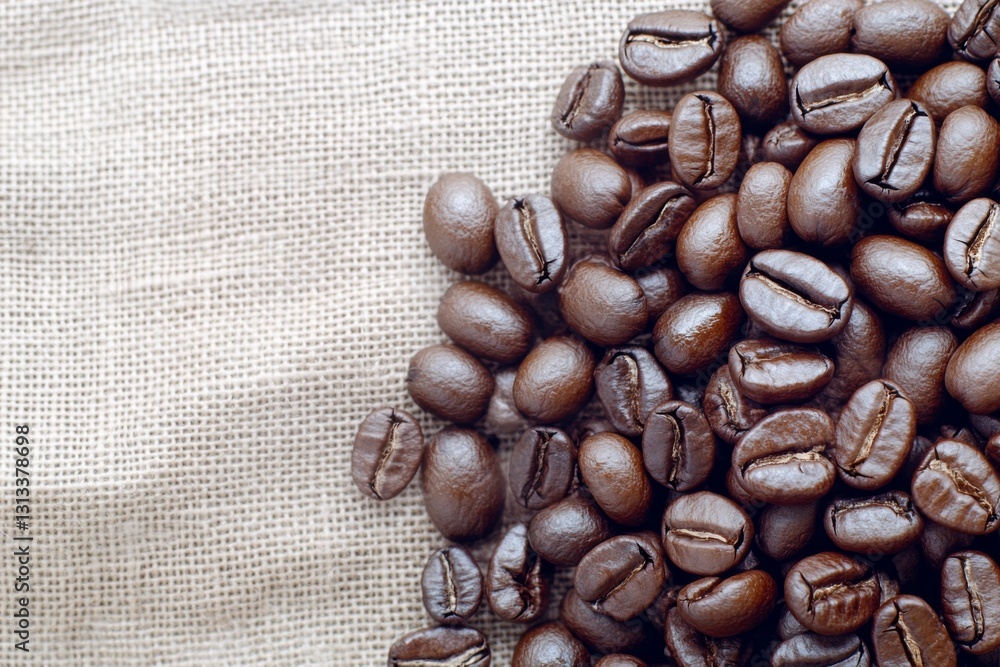 Freshly roasted coffee beans scattered on a burlap background Freshly roasted coffee beans scattered on a burlap background