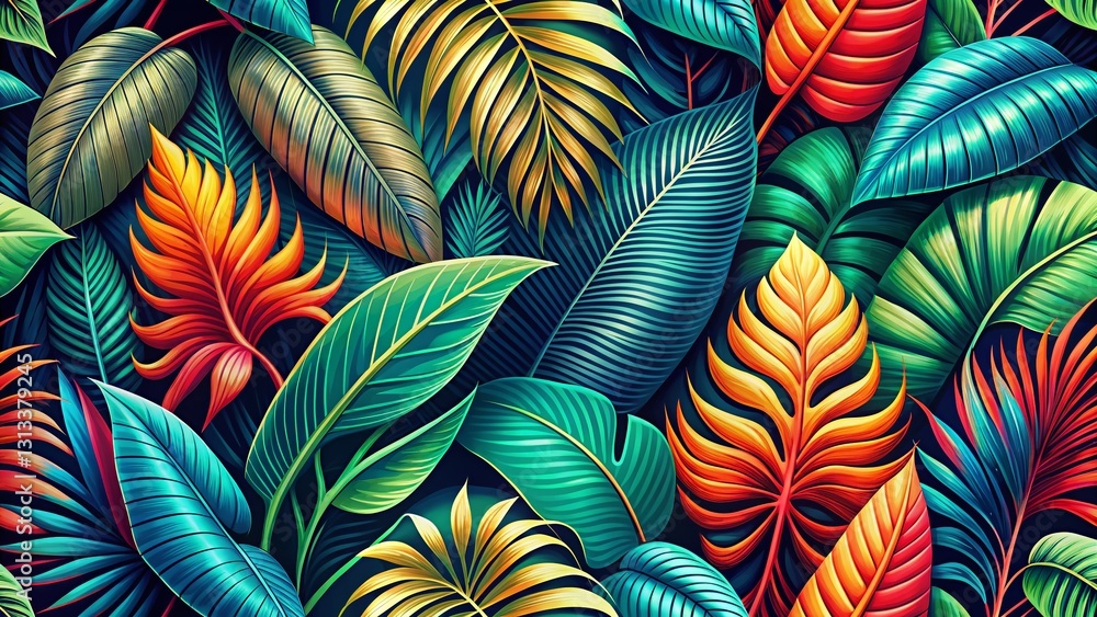 Stylized Tropical Leaves and Stems Pattern - Vibrant Green Jungle Botanical Print Design Stylized Tropical Leaves and Stems Pattern - Vibrant Green Jungle Botanical Print Design