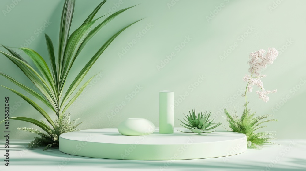 Mint green podium with plants, aesthetic display, product presentation Mint green podium with plants, aesthetic display, product presentation