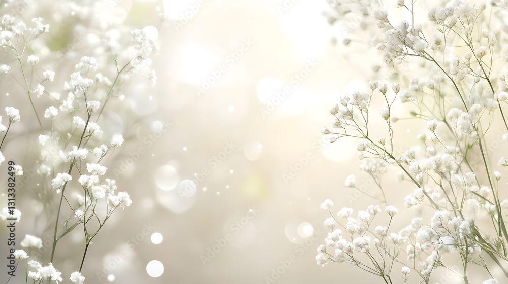 Fototapeta premium Delicate white flowers frame the soft focus glowing background