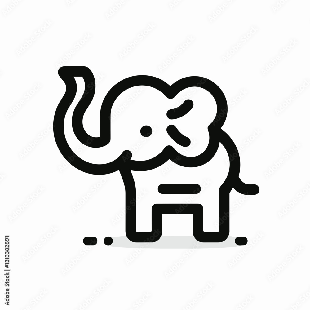 Fototapeta premium Black and white icon in minimalistic style. Friendly elephant playfully raising trunk on white background