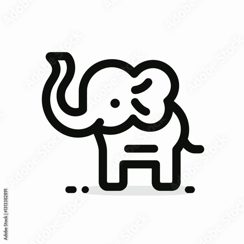 Black and white icon in minimalistic style. Friendly elephant playfully raising trunk on white background