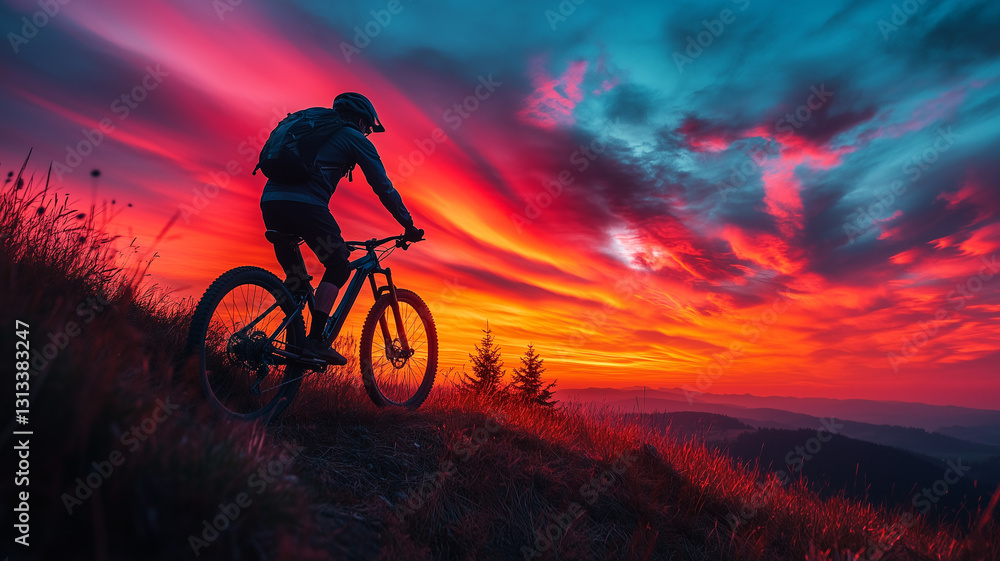 Obraz premium mountain biker enjoys vibrant sunset, silhouetted against colorful skies. scene captures thrill of adventure and nature beauty