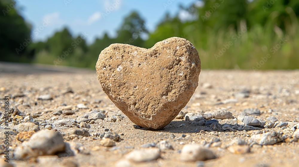 Obraz premium Heart Shaped Stone on Gravel Road in Sunny Day