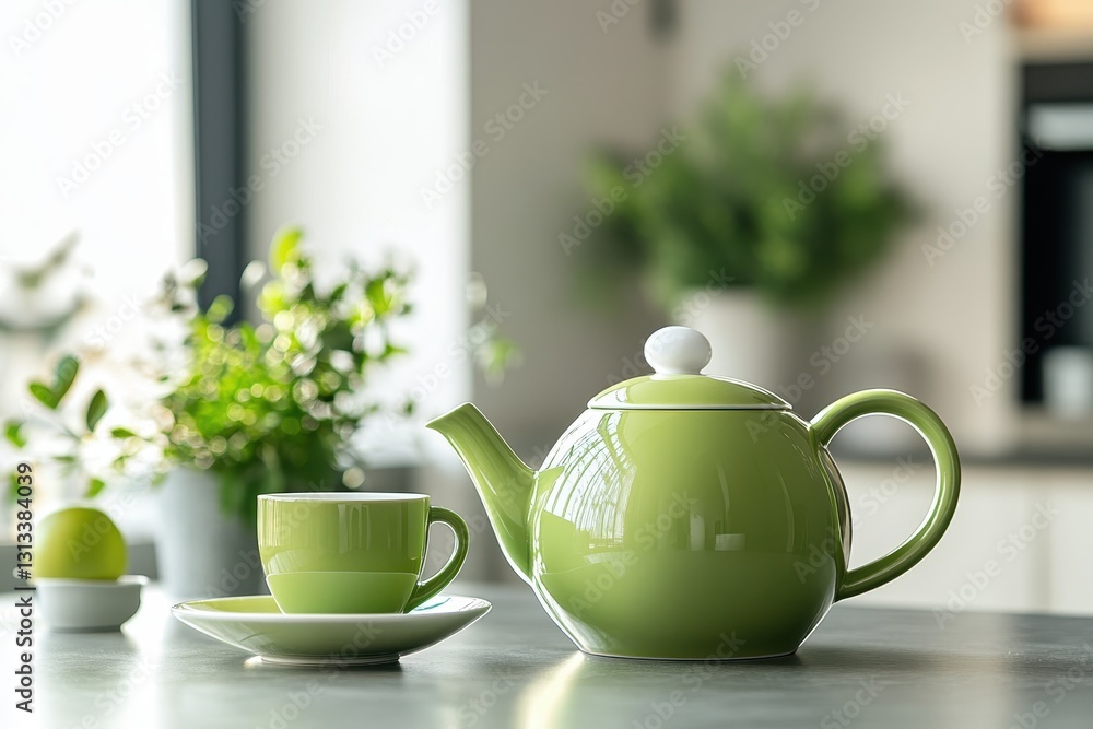Green teapot and teacup set on table. Perfect for websites, blogs, or articles about tea, home decor, or healthy living. Green teapot and teacup set on table. Perfect for websites, blogs, or articles about tea, home decor, or healthy living.