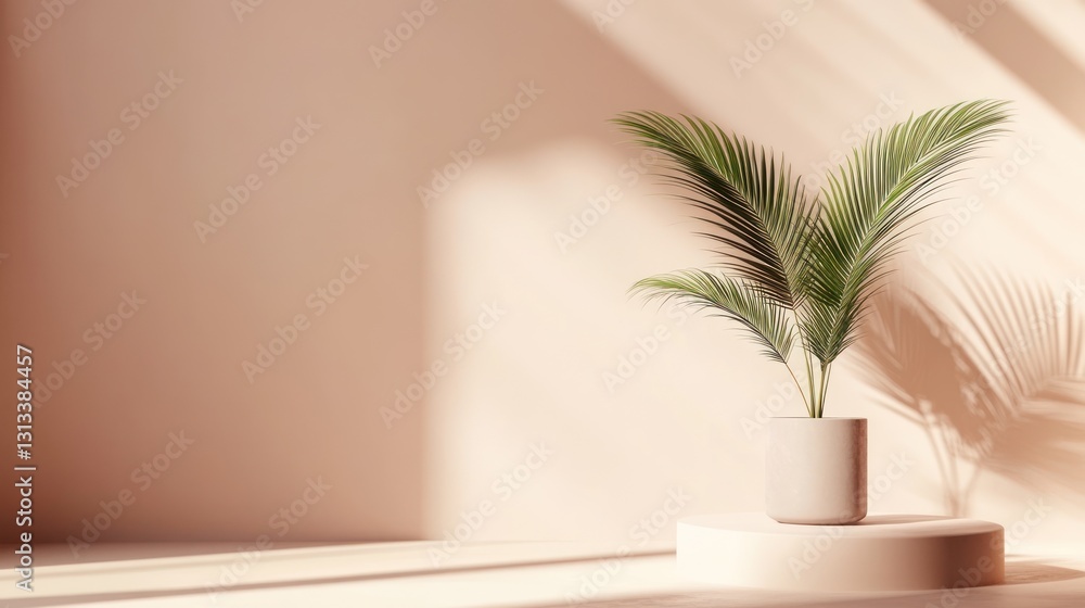 Minimalist plant display on a light beige pedestal, natural light Minimalist plant display on a light beige pedestal, natural light