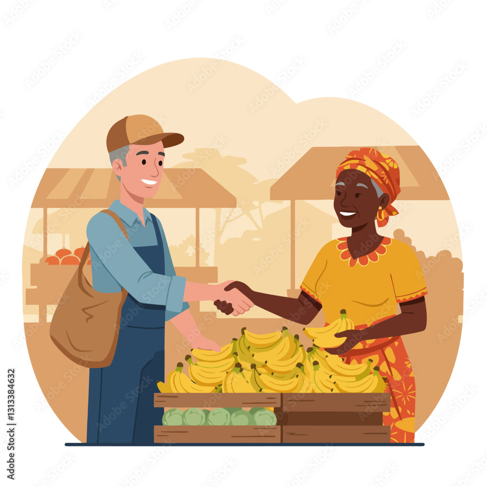 Fototapeta premium People Handshaking at Farmers Market with Bananas and Vegetables