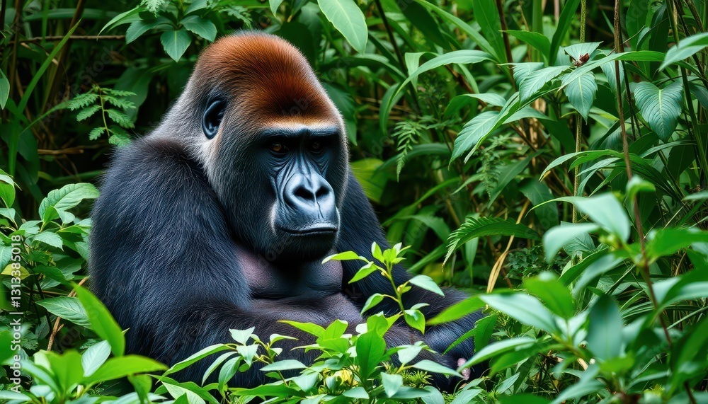 Obraz premium Powerful silverback gorilla sits amidst lush green vegetation, silverback, powerful