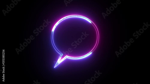 Glowing neon sms icon in black background animation video. Chat icon on key. Communication or comment chat symbol.