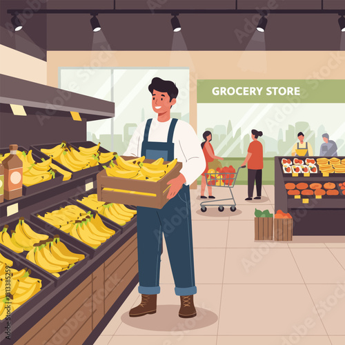 Man Carrying Bananas in Grocery Store Aisle Ready to Buy