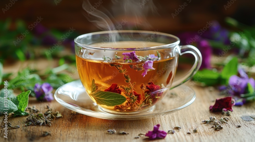 Aromatic Herbal Tea in Transparent Cup with Fresh Herbs and Flowers Aromatic Herbal Tea in Transparent Cup with Fresh Herbs and Flowers