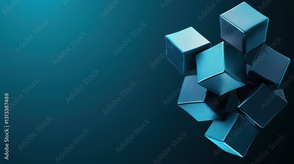 A collection of geometric cubes in varying shades of blue against a dark teal background, creating a modern and abstract visual effect. A collection of geometric cubes in varying shades of blue against a dark teal background, creating a modern and abstract visual effect.