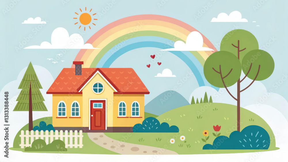 Fototapeta premium colorful cartoon house with rainbow, sun, and trees in serene landscape. cheerful scene features white fence, flowers, and rolling hills, evoking sense of happiness and tranquility