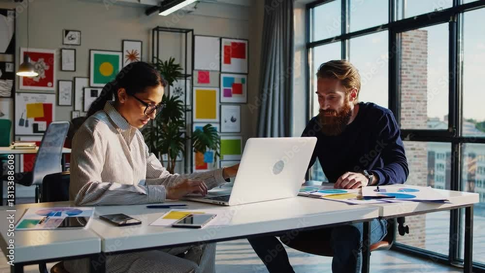 A Young South Asian Woman and Caucasian Man Collaborate in a Modern Office Space, Engaged in Discussion and Creative Planning Over a Laptop and Colorful Charts A Young South Asian Woman and Caucasian Man Collaborate in a Modern Office Space, Engaged in Discussion and Creative Planning Over a Laptop and Colorful Charts