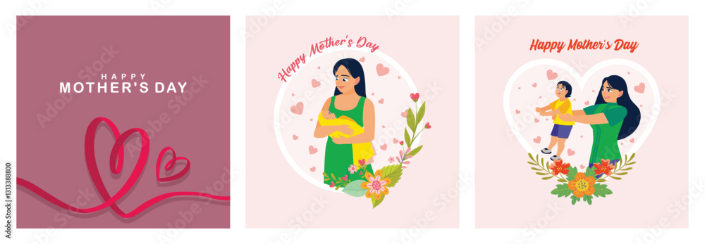 A mother holds a baby. Floral and heart-shaped background.Mother's Day concept. A mother holds a baby. Floral and heart-shaped background.Mother's Day concept.