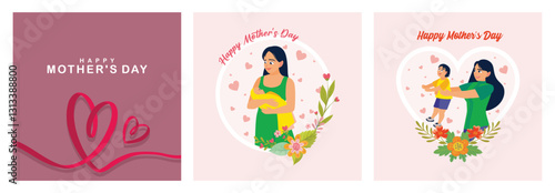 A mother holds a baby. Floral and heart-shaped background.Mother's Day concept.