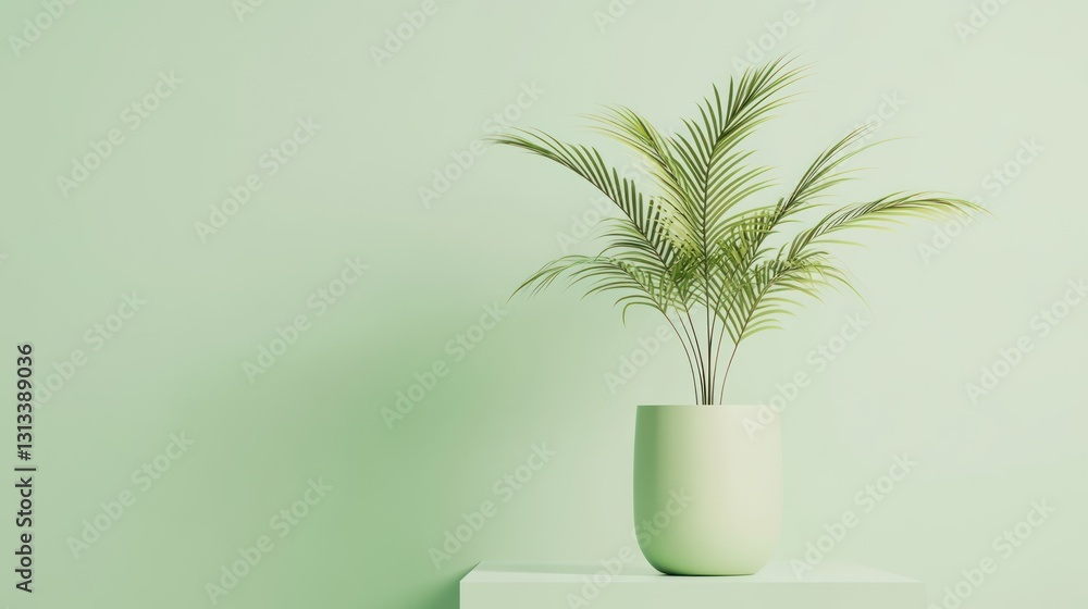 Minimalist plant in pastel green pot against a solid wall Minimalist plant in pastel green pot against a solid wall
