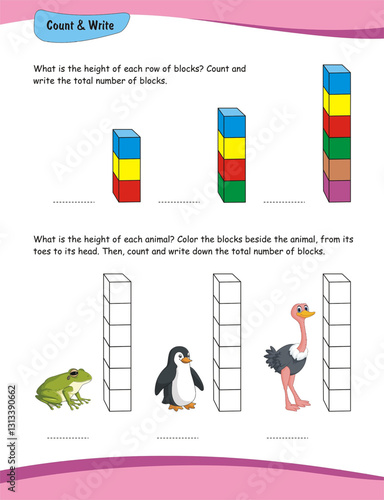 Measurement worksheet. Measuring height with blocks. Coloring blocks, Worksheet for preschool kids. Education development worksheet. Game for kids. Color activity page