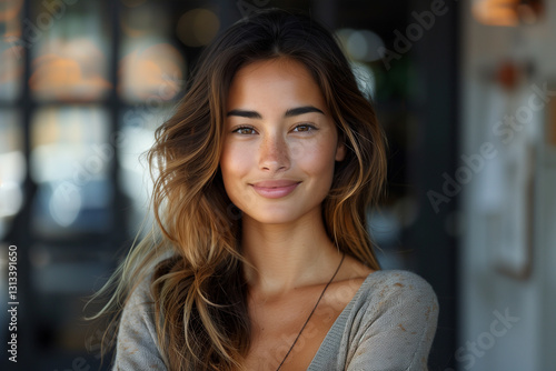 Portrait of a beautiful young woman smiling and looking at camera. Woman portrait