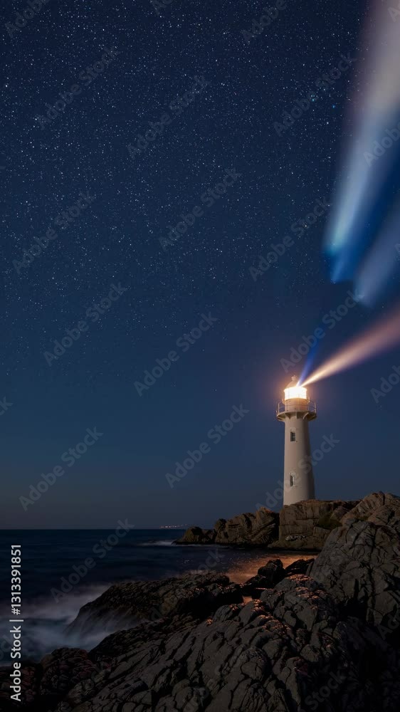 A lighthouse beams light under a starry night sky, captured from a low angle. The serene scene evokes a cinematic video style, emphasizing tranquility. Live mobile wallpaper. A lighthouse beams light under a starry night sky, captured from a low angle. The serene scene evokes a cinematic video style, emphasizing tranquility. Live mobile wallpaper.