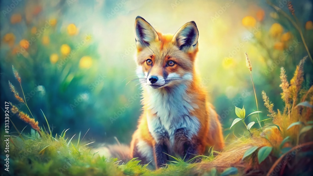 Fototapeta premium Tilt-Shift Watercolor Fox in Nature: Gentle Tones Wildlife Art