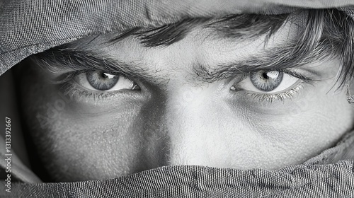 Intense Gaze Black And White Close Up Portrait Of A Man's Eyes Under A Hood photo