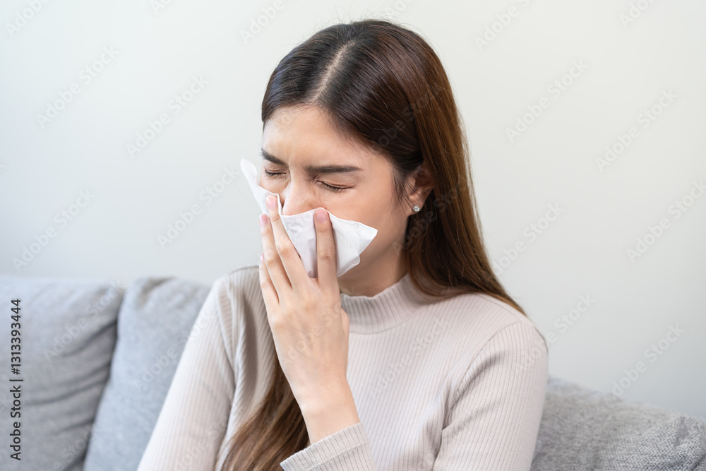 Sick, coronavirus or covid, tired asian young woman have a fever, flu and hand in use tissues paper sneezing nose, runny while sitting on sofa, couch at home. Health care with disease, pandemic virus Sick, coronavirus or covid, tired asian young woman have a fever, flu and hand in use tissues paper sneezing nose, runny while sitting on sofa, couch at home. Health care with disease, pandemic virus