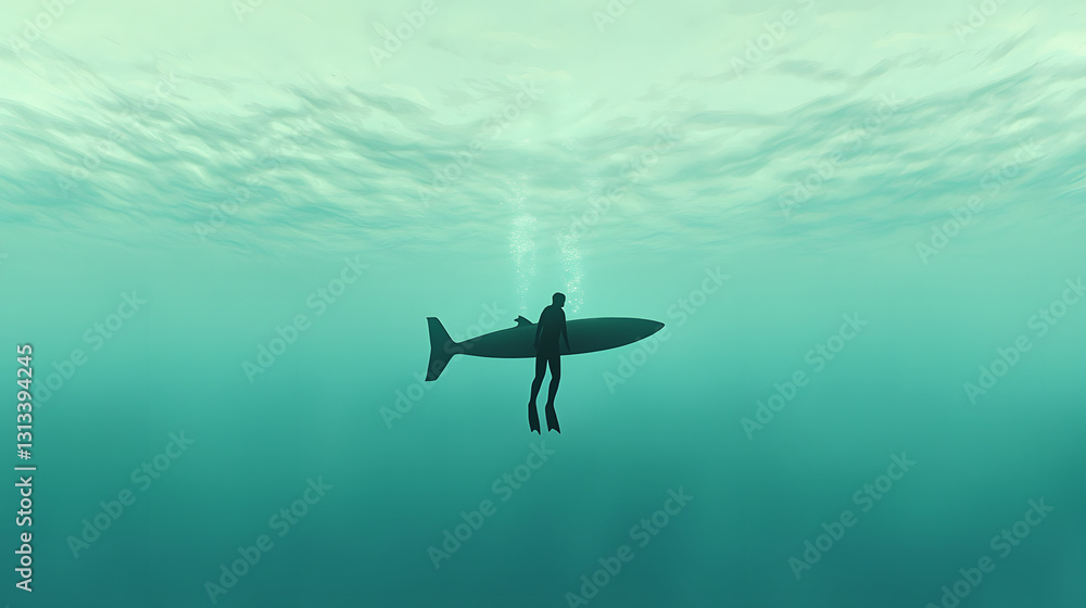Fototapeta premium Underwater Diver and Large Fish in Teal Water Low Polygonal Style
