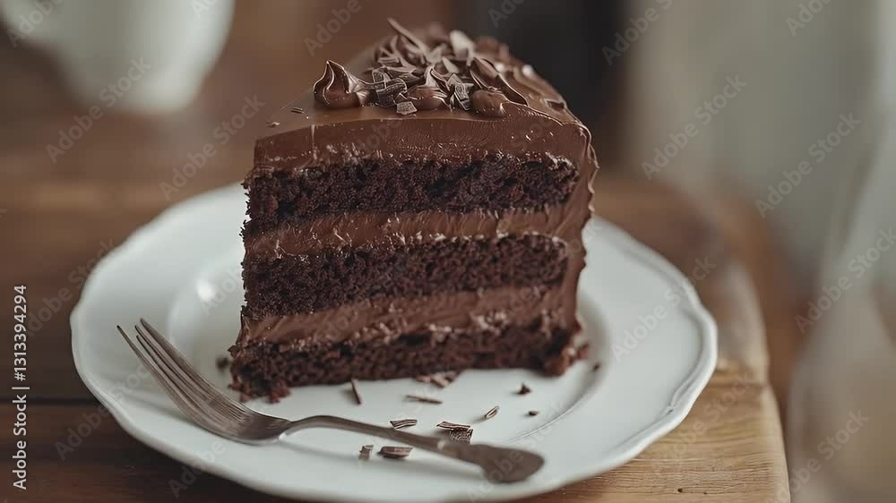 Decadent chocolate layer cake with rich frosting and chocolate shavings, served on a vintage white plate. A perfect dessert for chocolate lovers and special celebrations. Decadent chocolate layer cake with rich frosting and chocolate shavings, served on a vintage white plate. A perfect dessert for chocolate lovers and special celebrations.