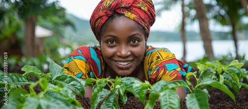 Happy African woman farmer lying amidst lush green coffee plants, smiling at the camera.