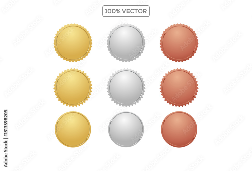 Award golden, silver and bronze blank medals 3d vector realistic illustration. First, second and third place medals or buttons Award golden, silver and bronze blank medals 3d vector realistic illustration. First, second and third place medals or buttons