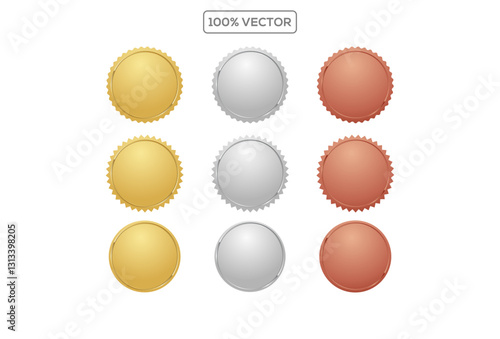 Award golden, silver and bronze blank medals 3d vector realistic illustration. First, second and third place medals or buttons