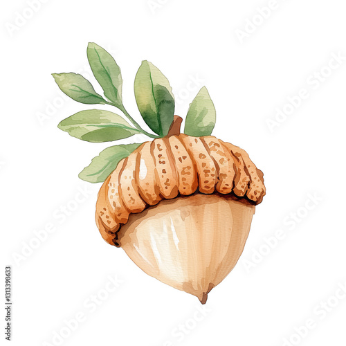 Hand-Drawn Acorn with Green Leaves and Watercolor Style